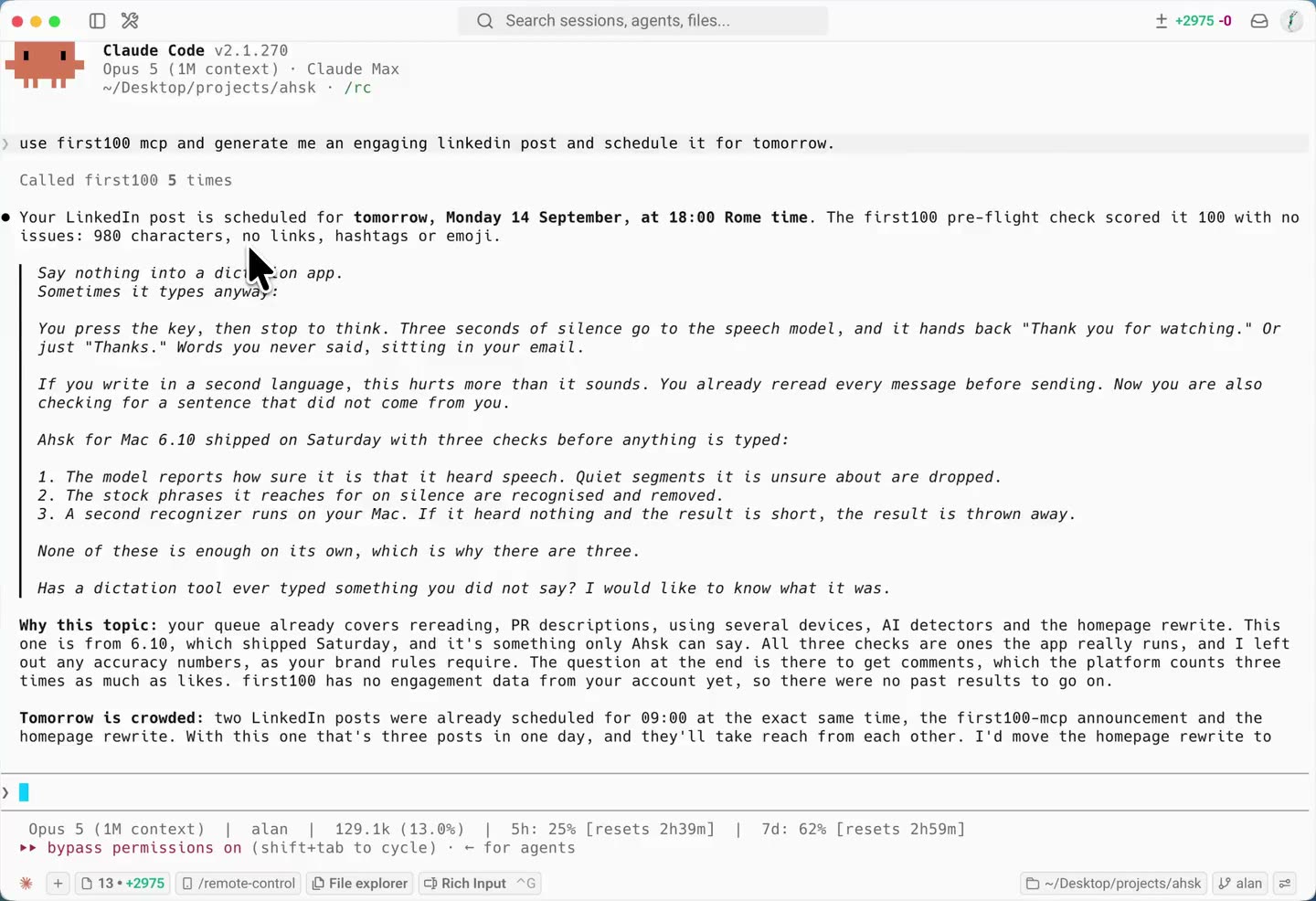 Claude Code scheduling a LinkedIn post for tomorrow through the First100 MCP server, with the pre-flight check result shown