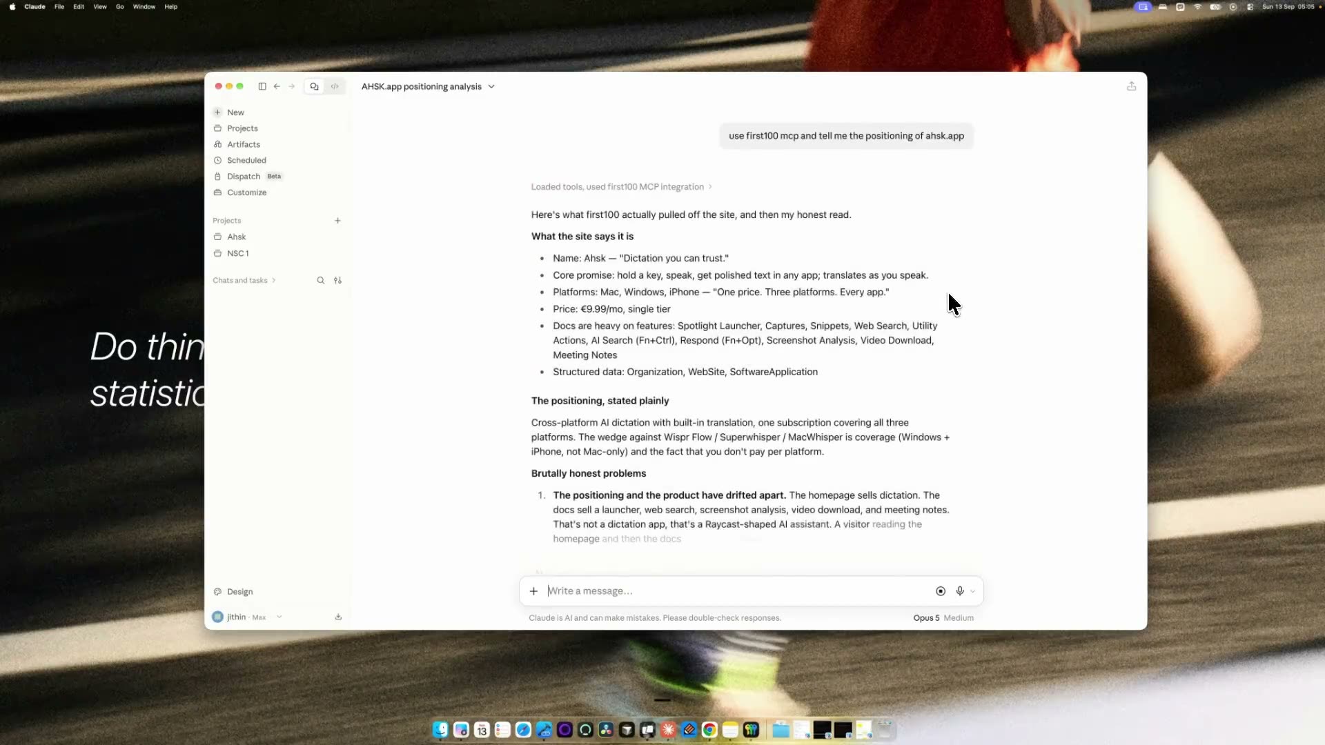 Claude Desktop using the First100 connector to read a website and summarise its positioning